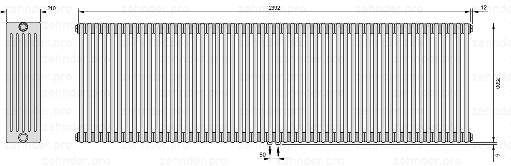 Схема (чертеж) Радиатор Zehnder Charleston 6250/52 №5410 Белый глянцевый RAL 9016